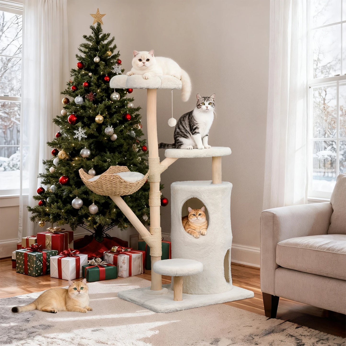 142cm Large Solid Natural Wood Cat Tree with Condo and Scratching Post