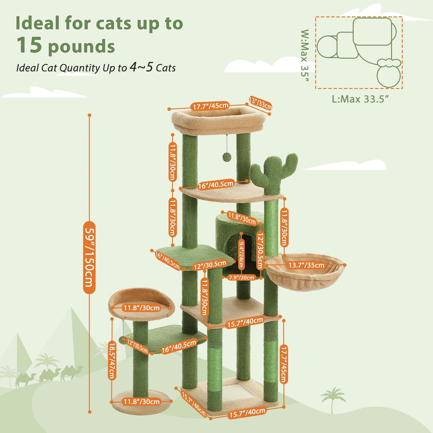 150CM Cactus-Themed Large Cat Tree - Cozy Hammock & Condo with Scratching Posts