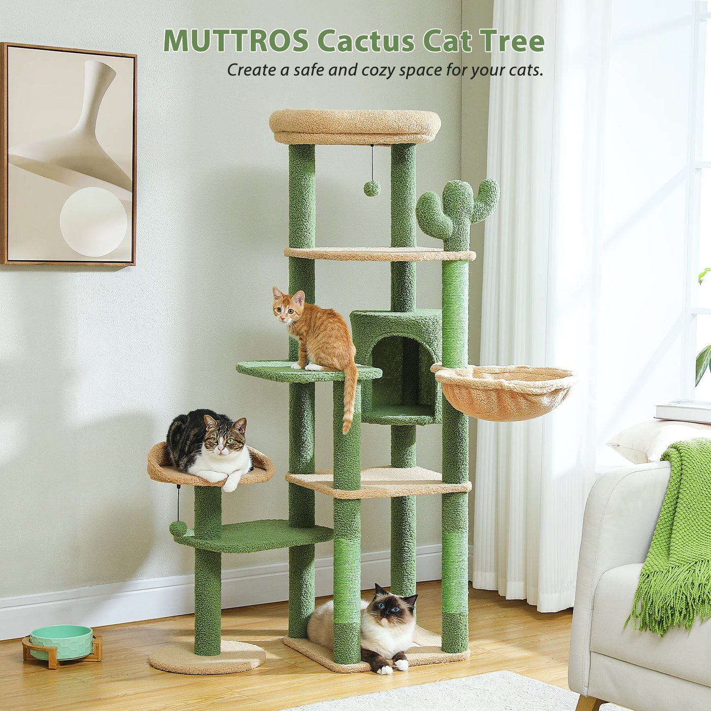 150CM Cactus-Themed Large Cat Tree - Cozy Hammock & Condo with Scratching Posts