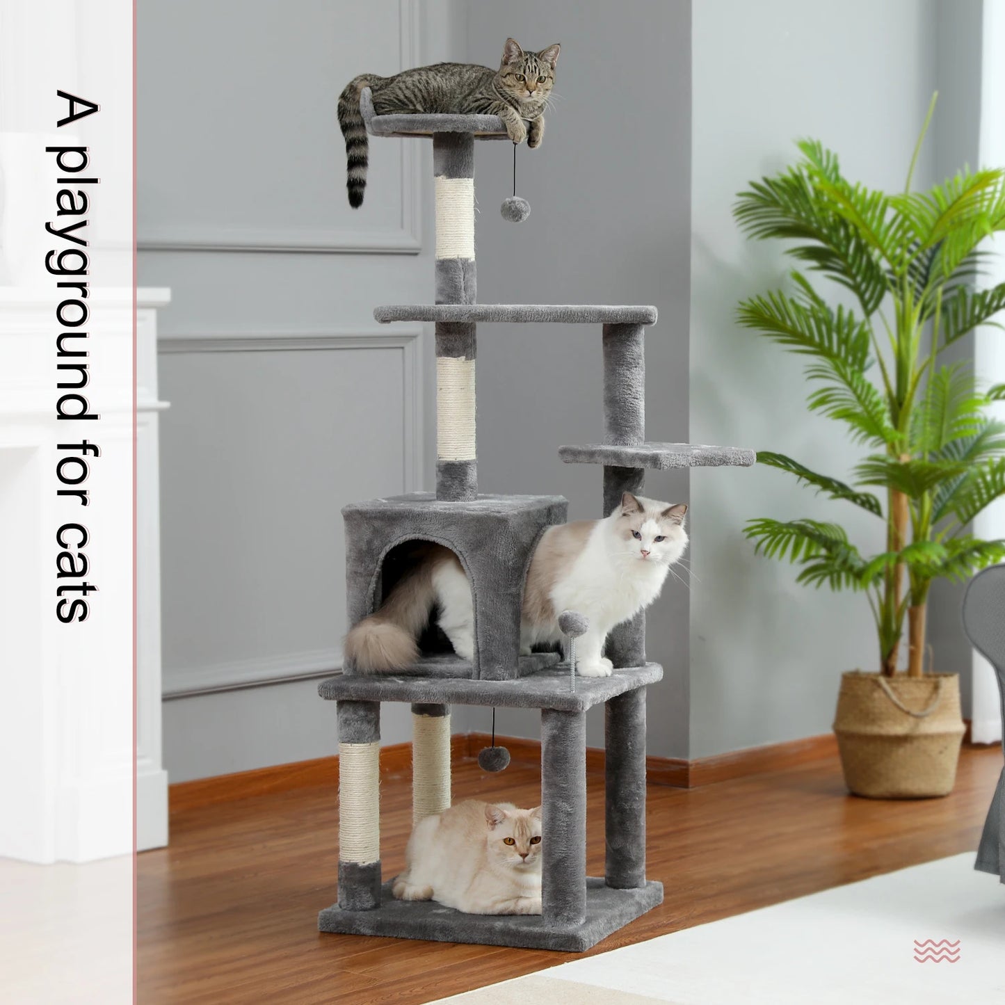 145cm Multi-Level Cat Climbing Tree with Scratching Posts & Play Features