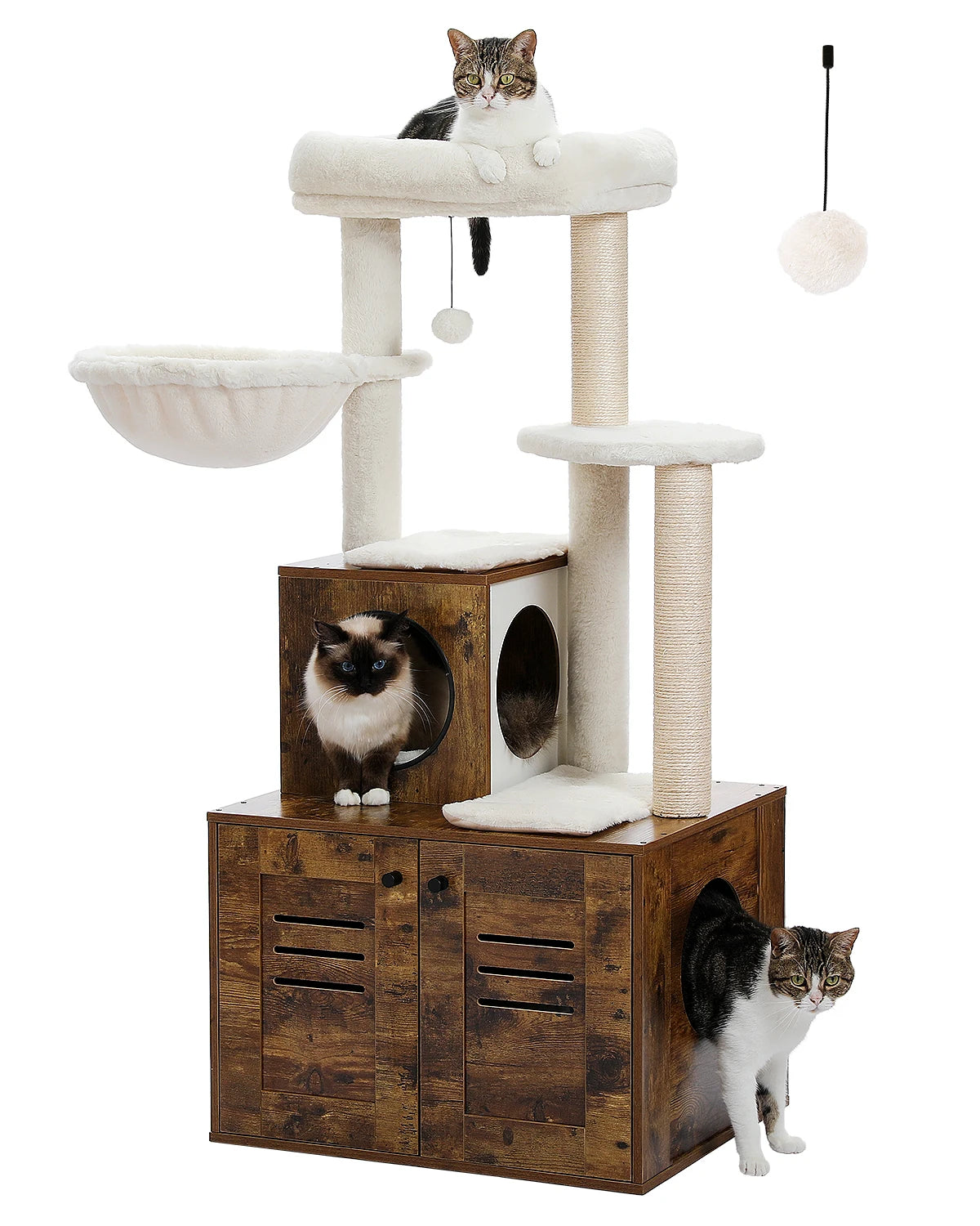 127CM Contemporary Cat Tree with Integrated Cabinet - Solid Wood Litter Box Enclosure & Spacious Hammock