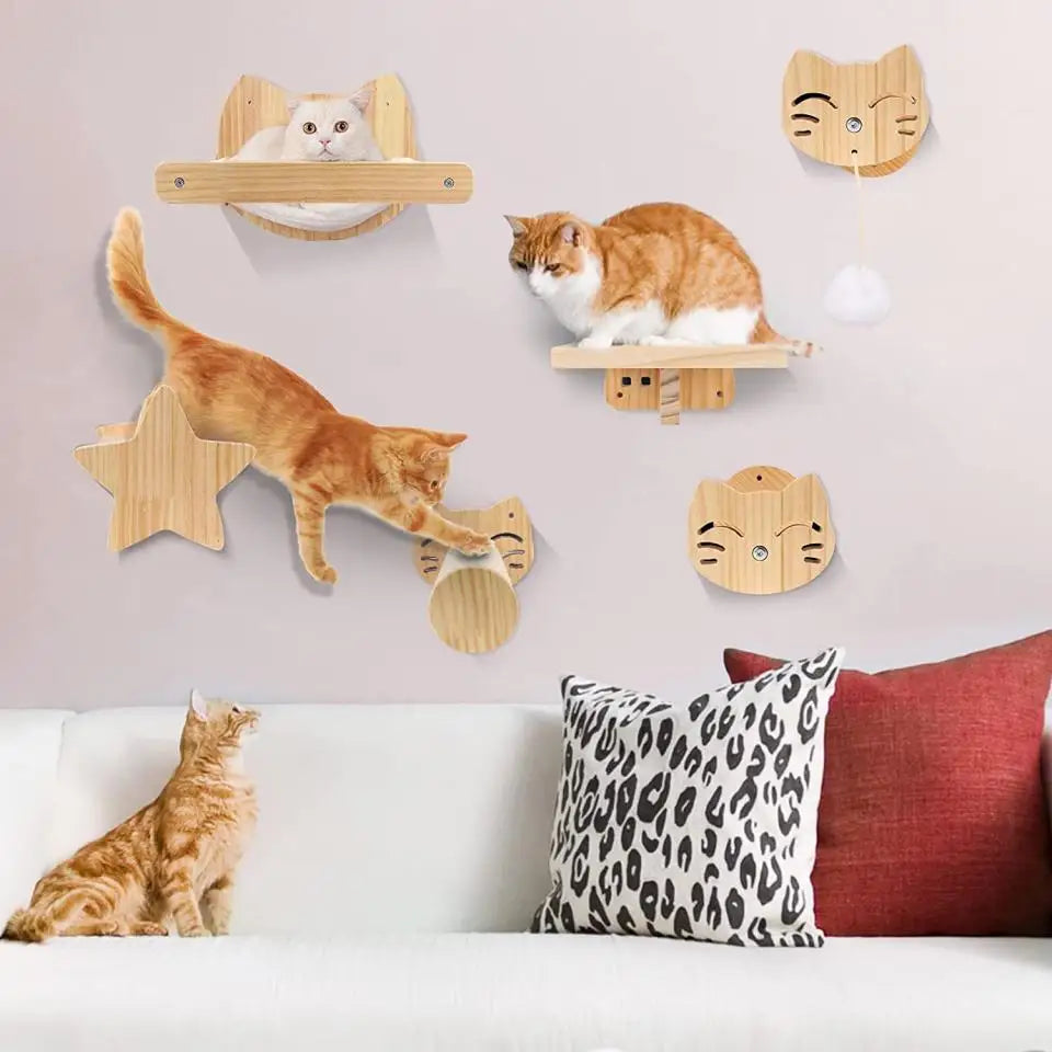 Wall-Mounted Wooden Cat Hammock and Scratching Post with Ladder Steps