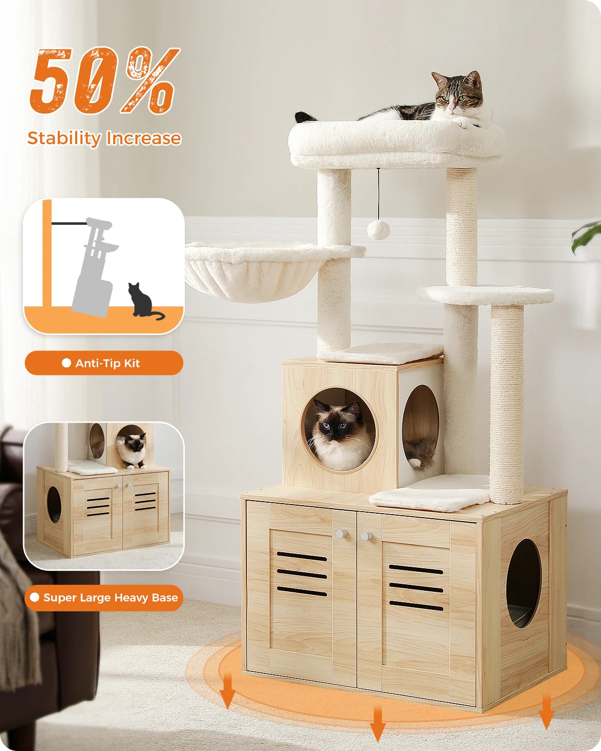 127CM Contemporary Cat Tree with Integrated Cabinet - Solid Wood Litter Box Enclosure & Spacious Hammock