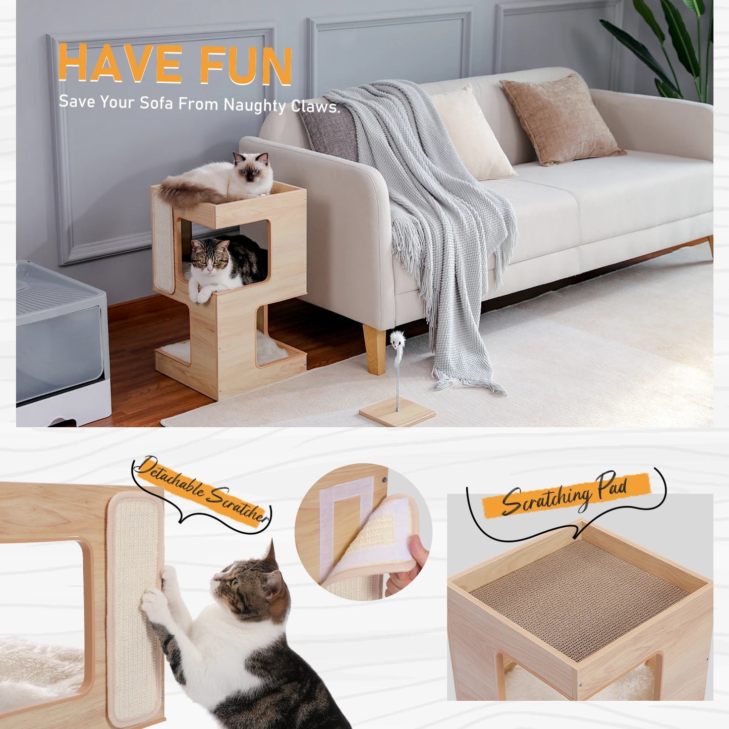 60cm Two-Piece Cat Bed Set with Teaser Toy and Cat House