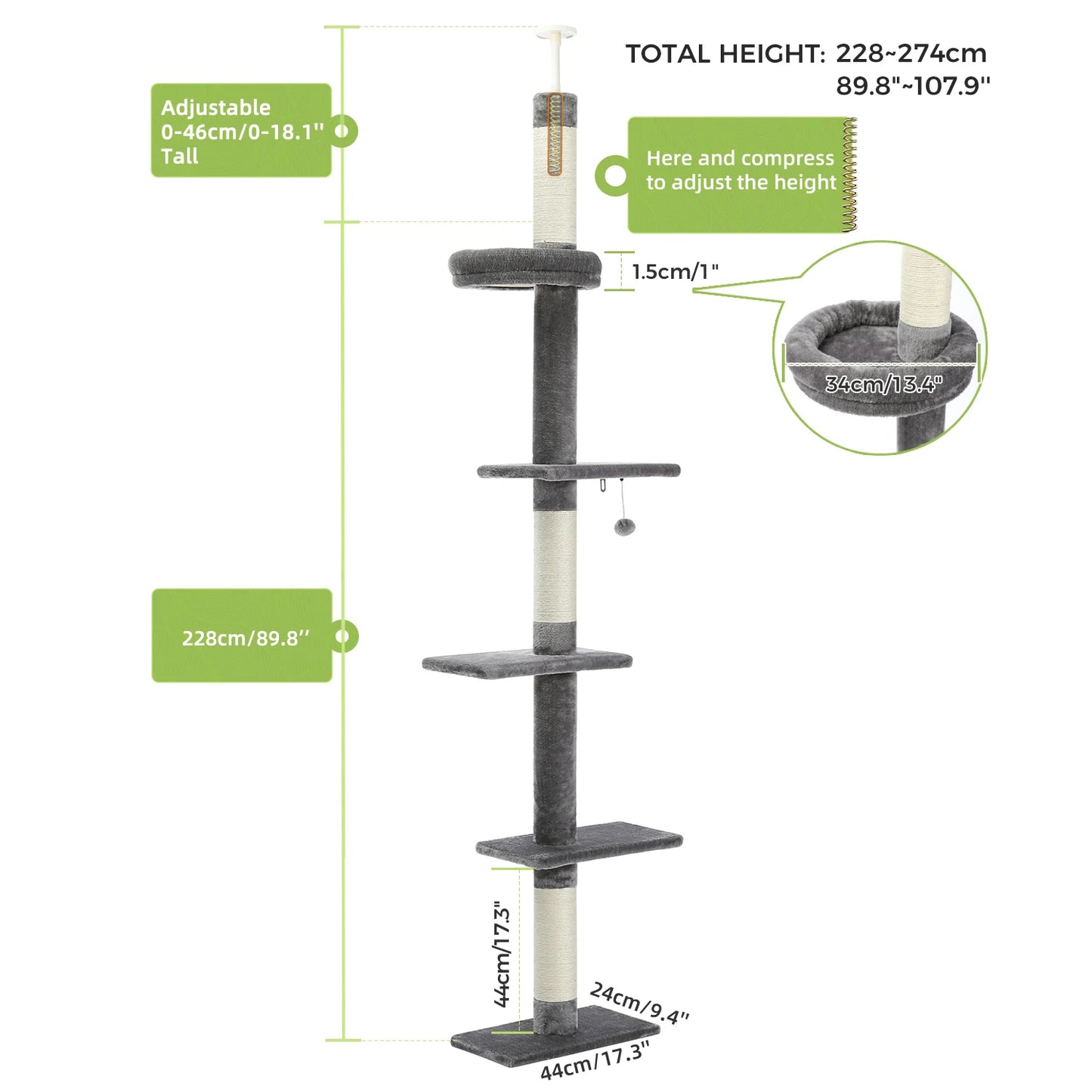 Adjustable Height 228-274cm Elegant Tall Cat Tower