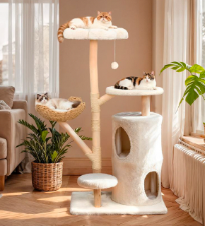 142cm Large Solid Natural Wood Cat Tree with Condo and Scratching Post