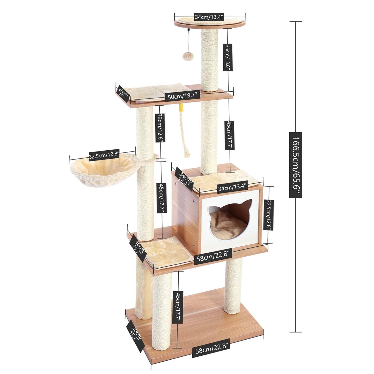 166.5cm Contemporary Wooden Cat Tree with Multi Levels & Scratching Post