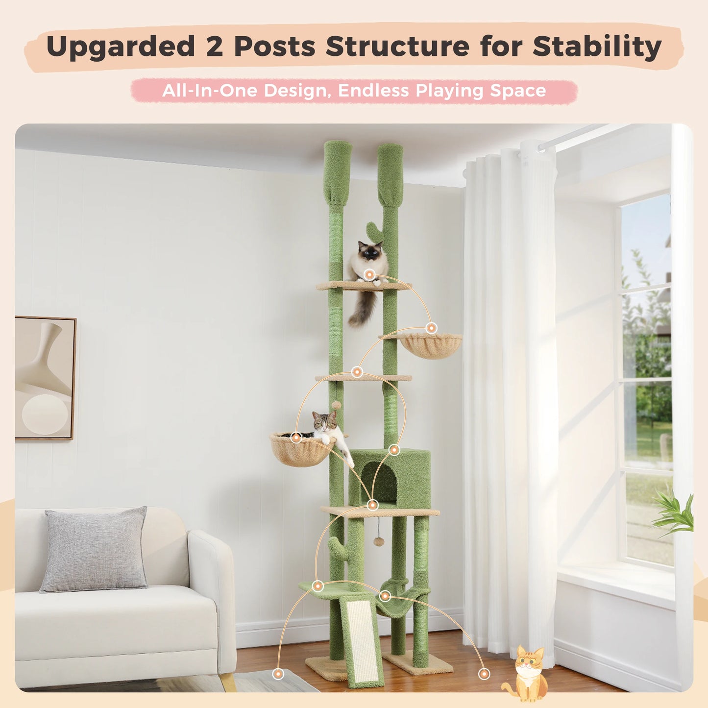 Adjustable 216-285cm Cactus-Themed High Cat Tower with Condo and Hammock