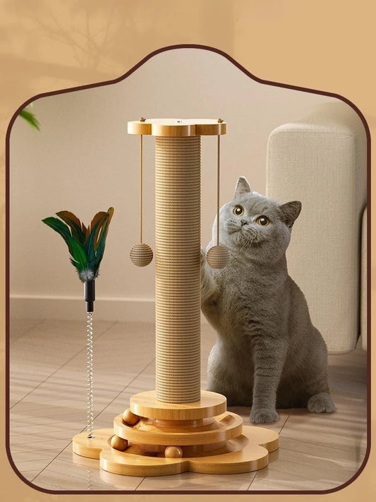 Cat Scratching Post with Sisal Board & Interactive Toy Balls – Durable Solid Wood Cat Toy with Funny Stick