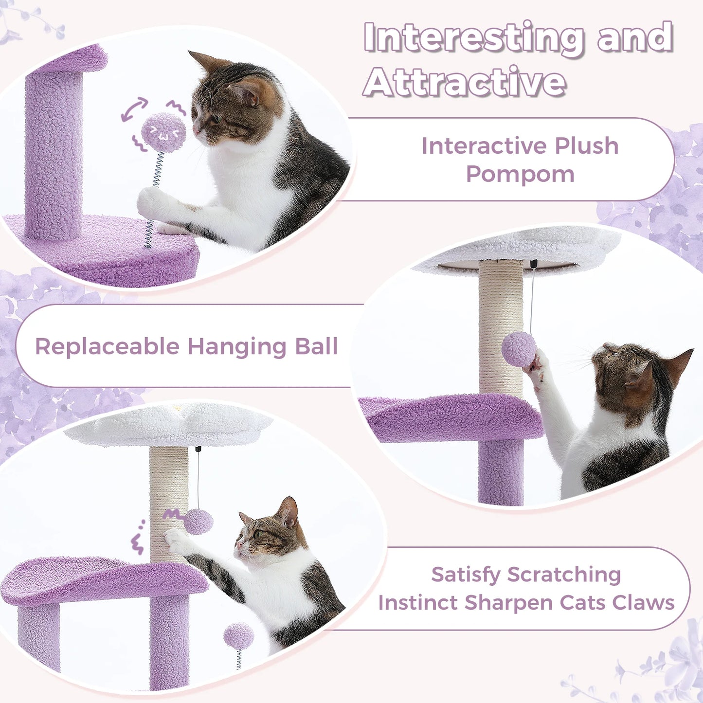 84cm Petite Floral Cat Tree in Purple - Perfect for Kittens and Small Cats