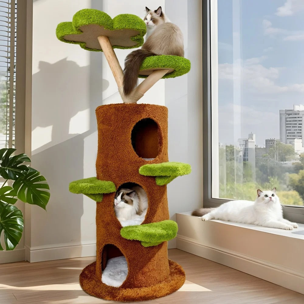 148cm Solid Wood Tall Cat Tree, Large Cozy Condo with Plush Stairs and Sisal Scratching Posts