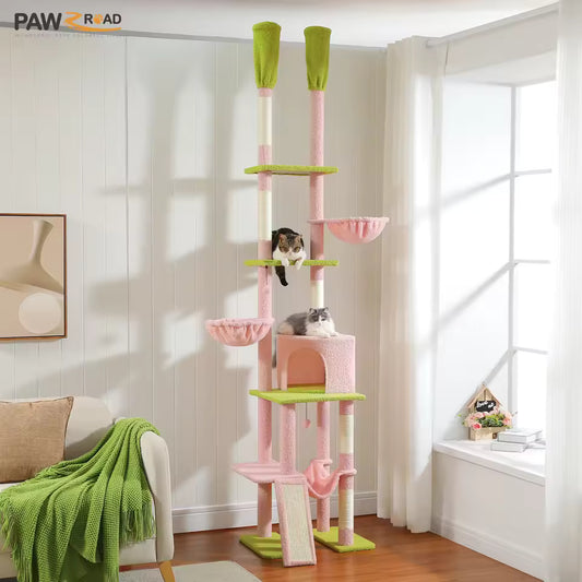 Adjustable 216-285cm Cactus-Themed High Cat Tower with Condo and Hammock