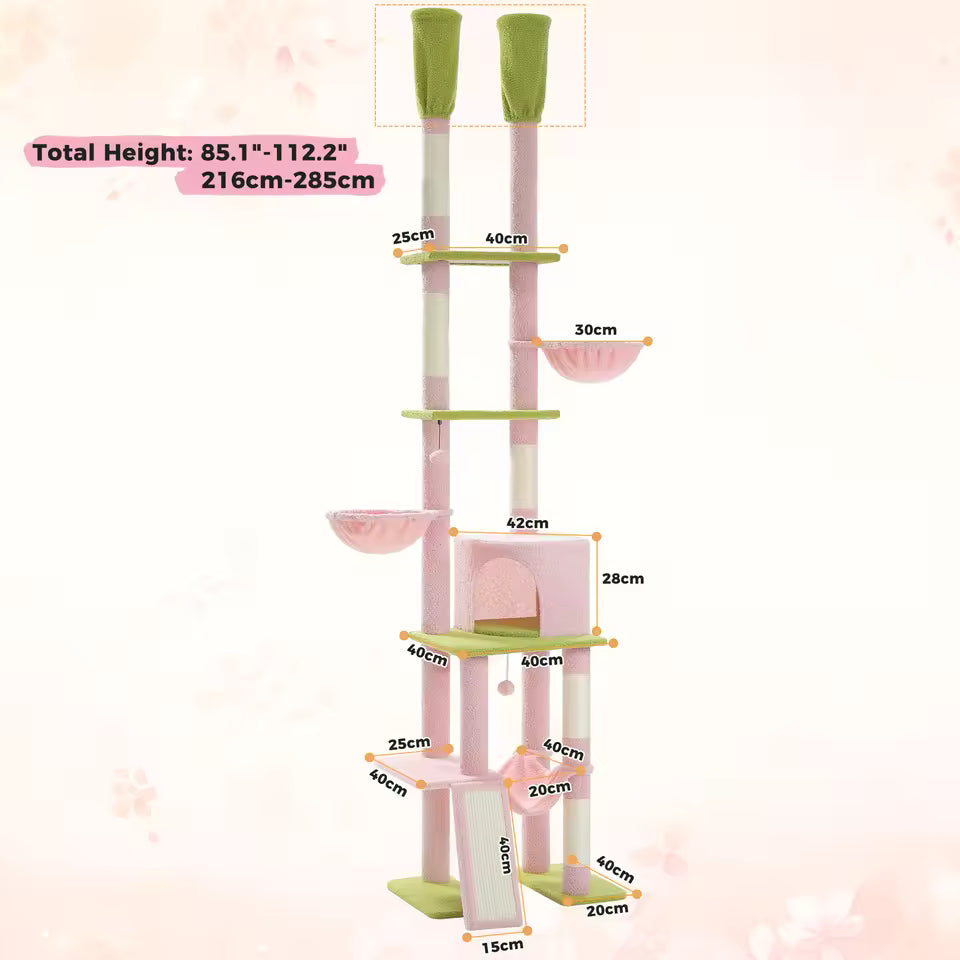 Adjustable 216-285cm Cactus-Themed High Cat Tower with Condo and Hammock