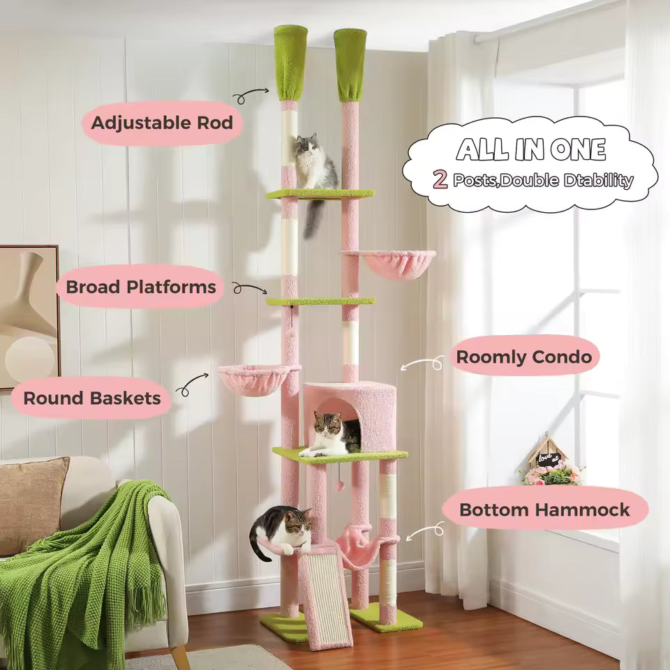 Adjustable 216-285cm Cactus-Themed High Cat Tower with Condo and Hammock