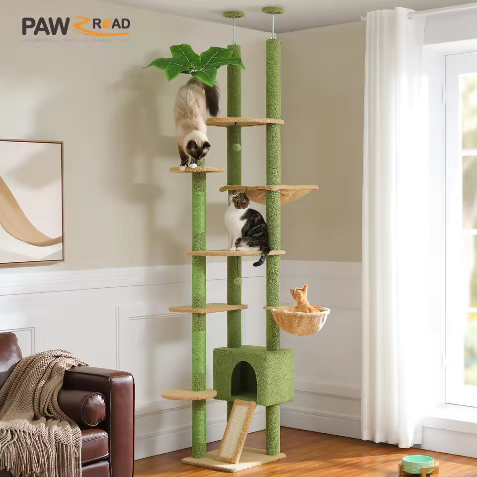 Adjustable 230-252cm Cactus-Themed Cat Tree with Multiple Features