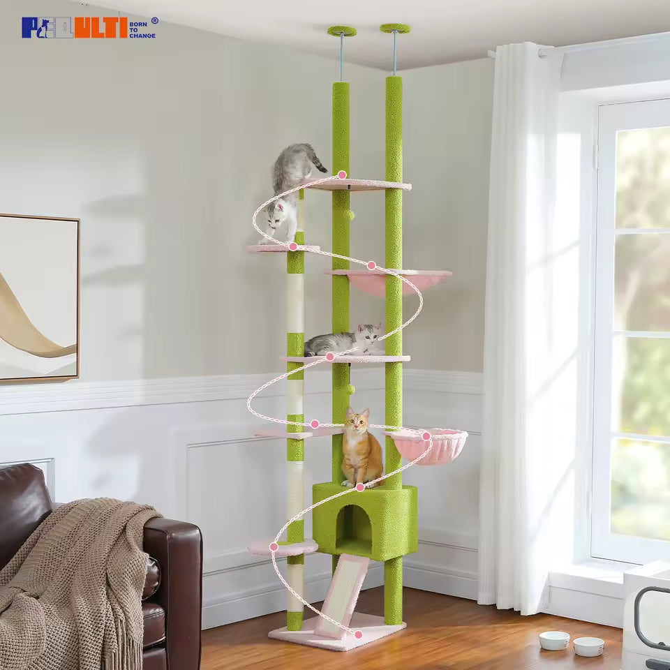 Adjustable 230-252cm Cactus-Themed Cat Tree with Multiple Features