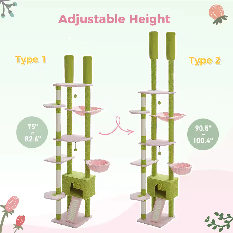 Adjustable 230-252cm Cactus-Themed Cat Tree with Multiple Features