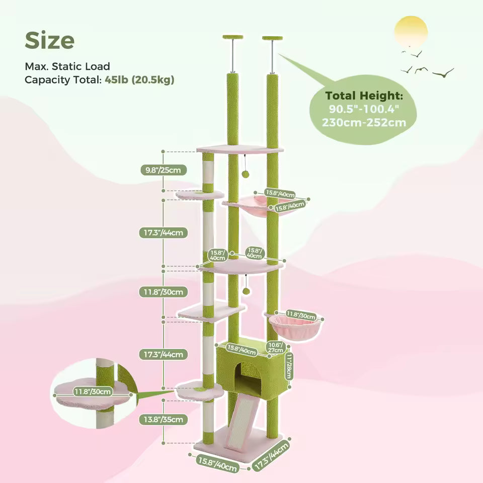 Adjustable 230-252cm Cactus-Themed Cat Tree with Multiple Features