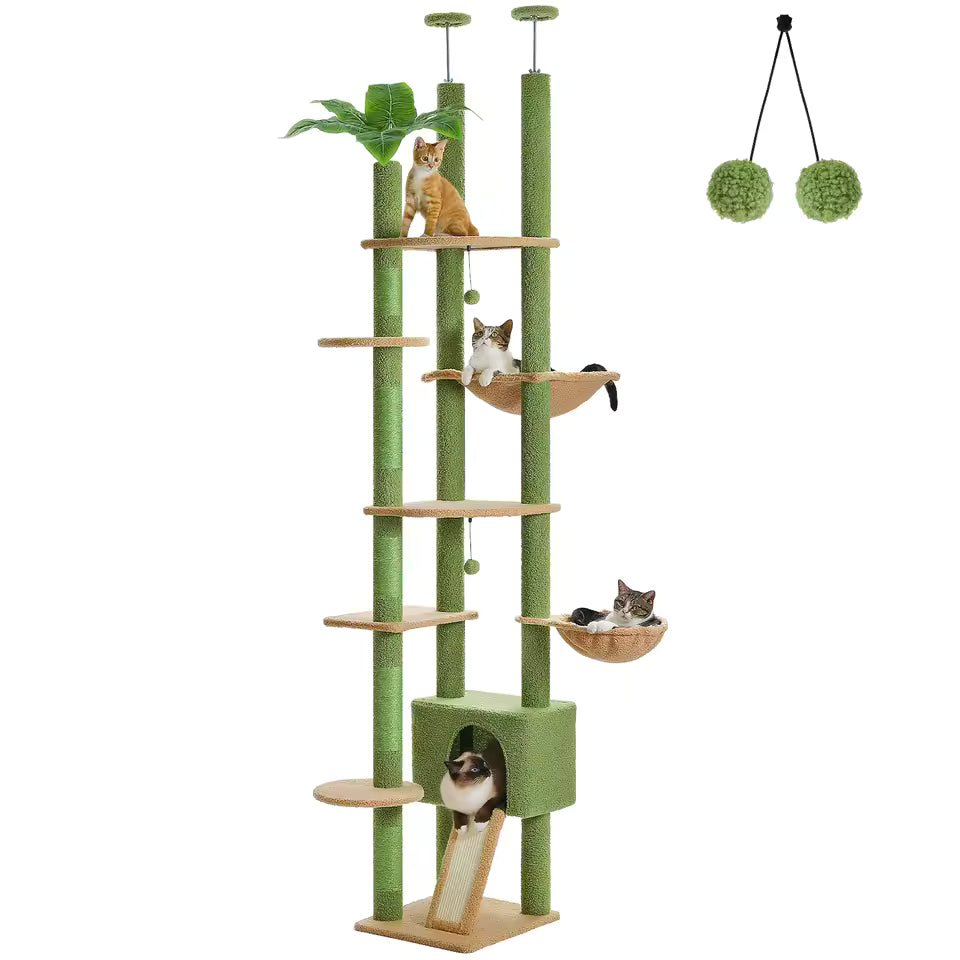 Adjustable 230-252cm Cactus-Themed Cat Tree with Multiple Features