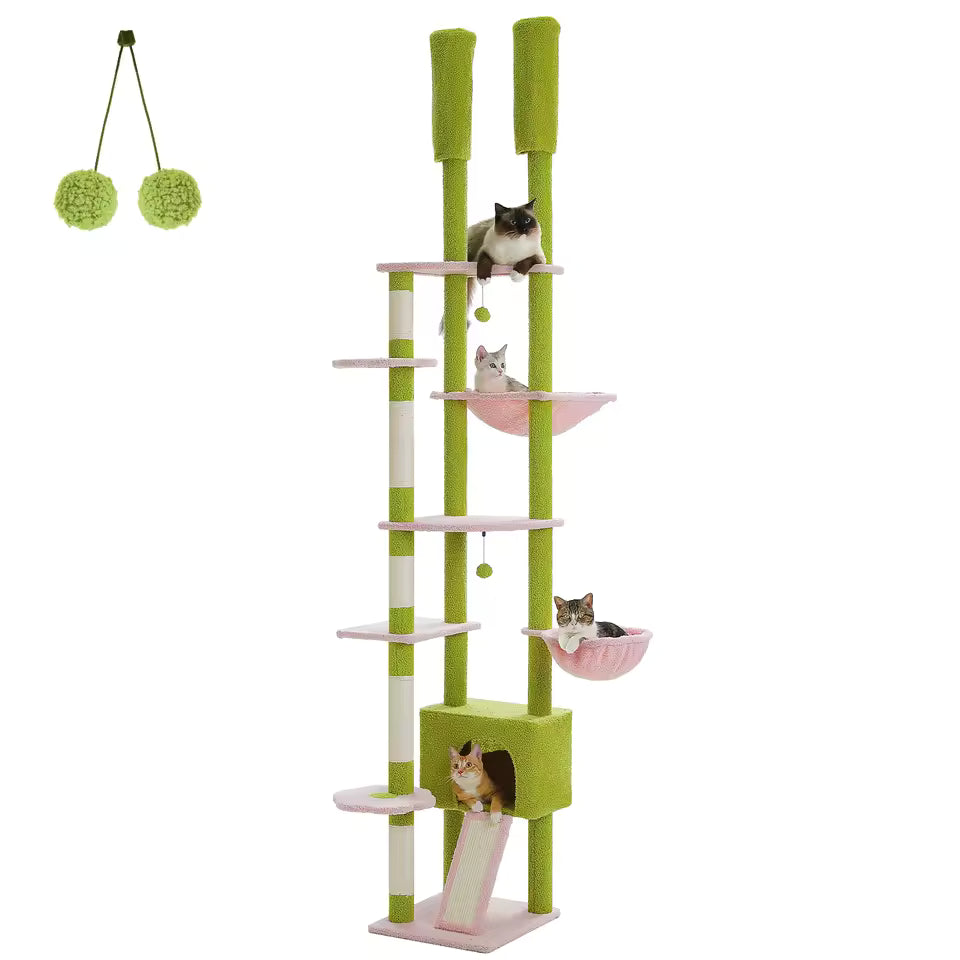 Adjustable 230-252cm Cactus-Themed Cat Tree with Multiple Features
