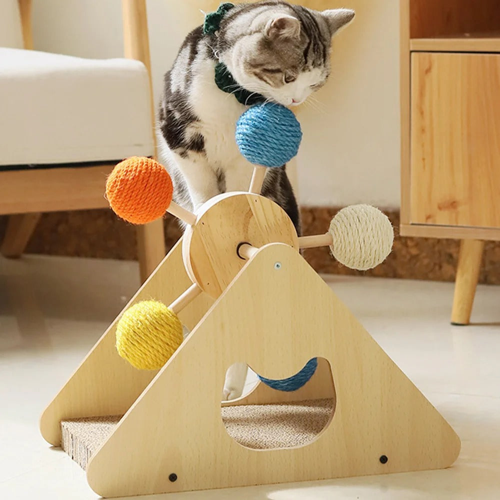 Wooden Cat Scratching Board with Sisal Ball Ferris Wheel Turntable