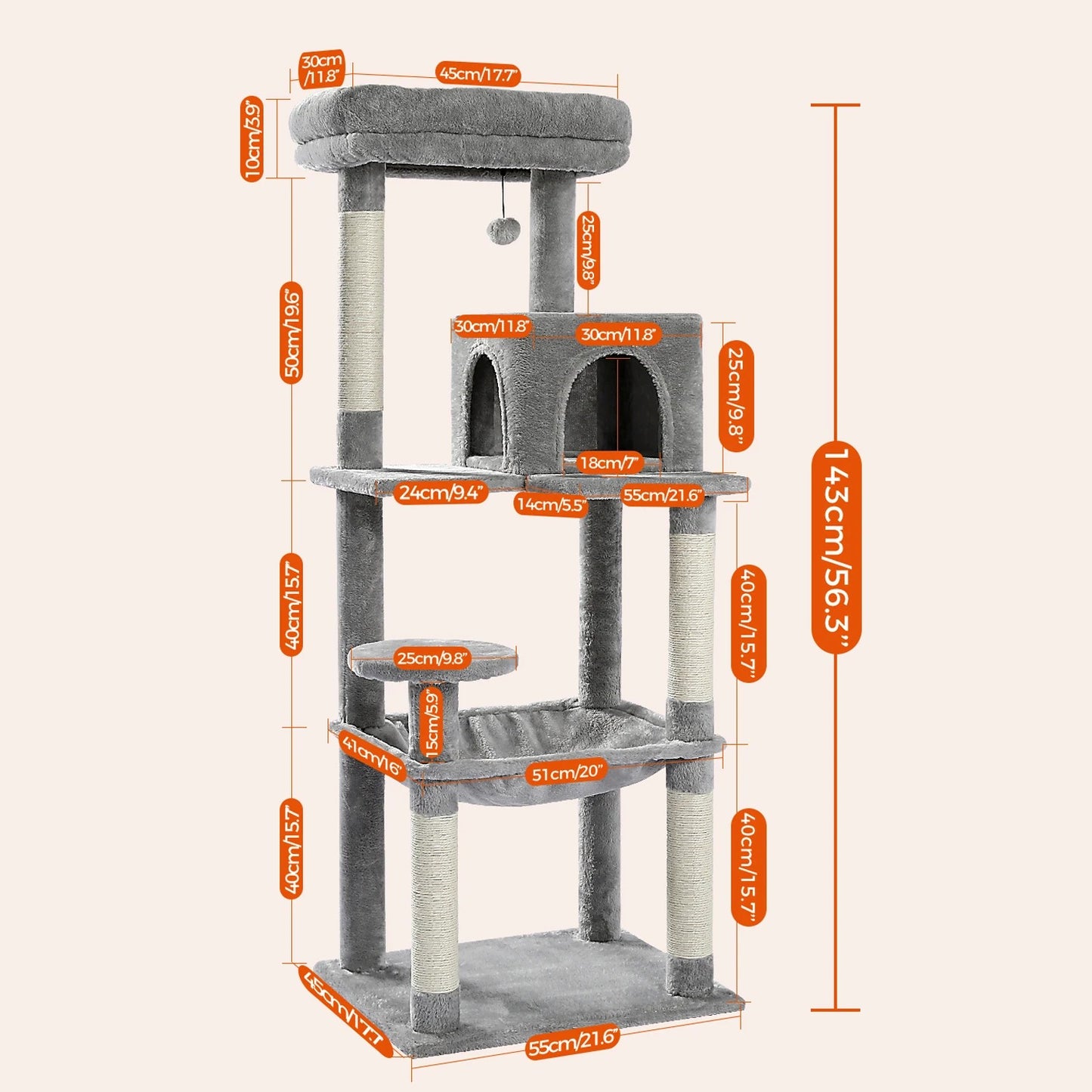 138cm Multi-Level Wooden Cat Tree with Condo and Scratching Posts