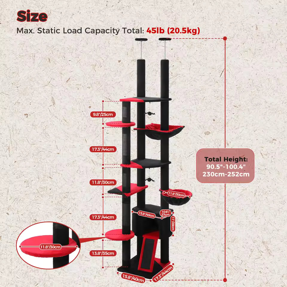Adjustable 230-252cm Cactus-Themed Cat Tree with Multiple Features