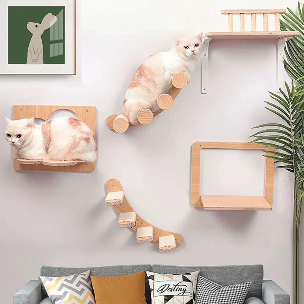 Wall-Mounted Wooden Cat Hammock and Scratching Post with Ladder Steps