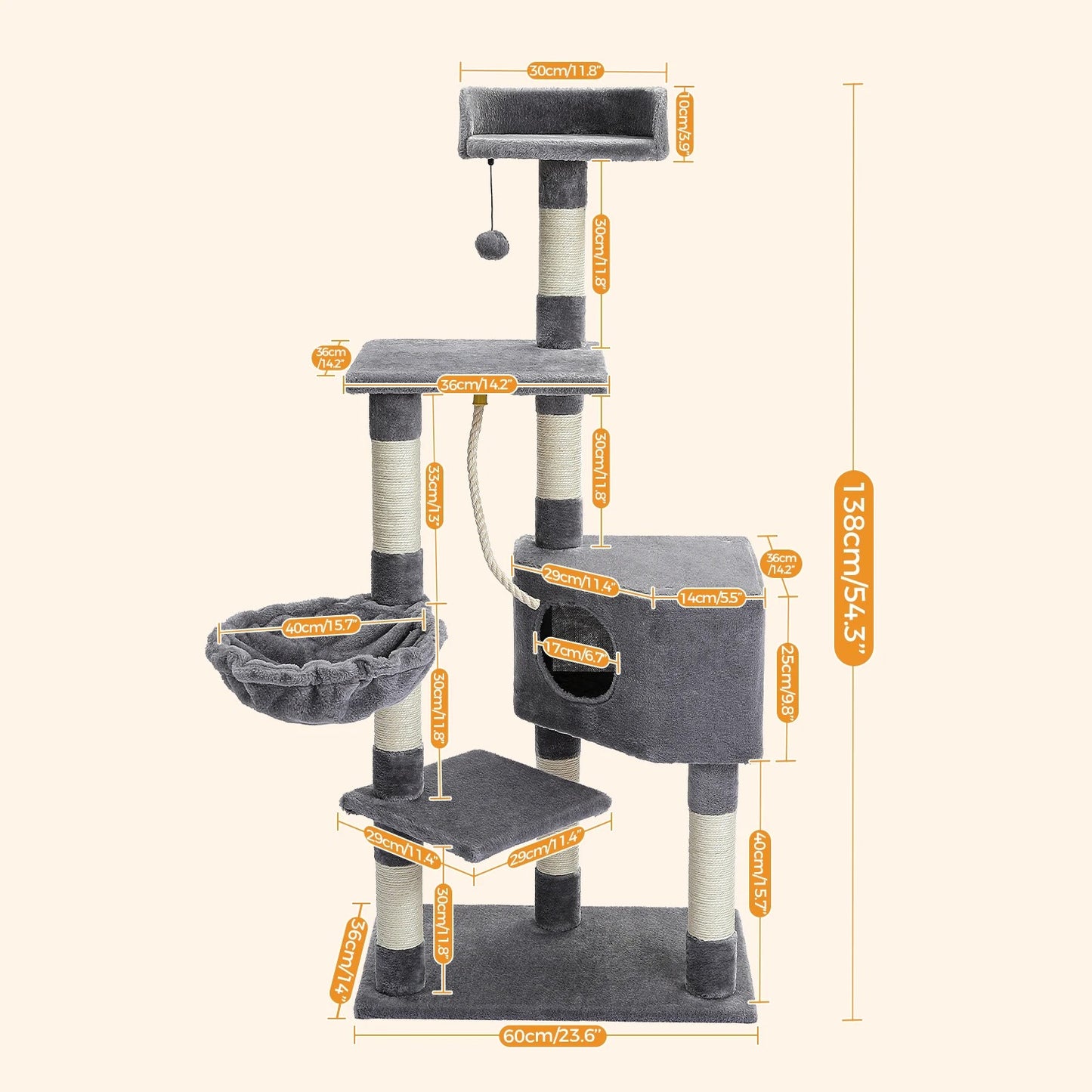138cm Multi-Level Wooden Cat Tree with Condo and Scratching Posts