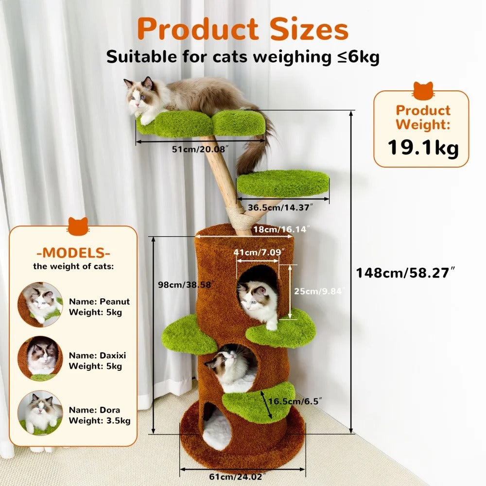 148cm Solid Wood Tall Cat Tree, Large Cozy Condo with Plush Stairs and Sisal Scratching Posts