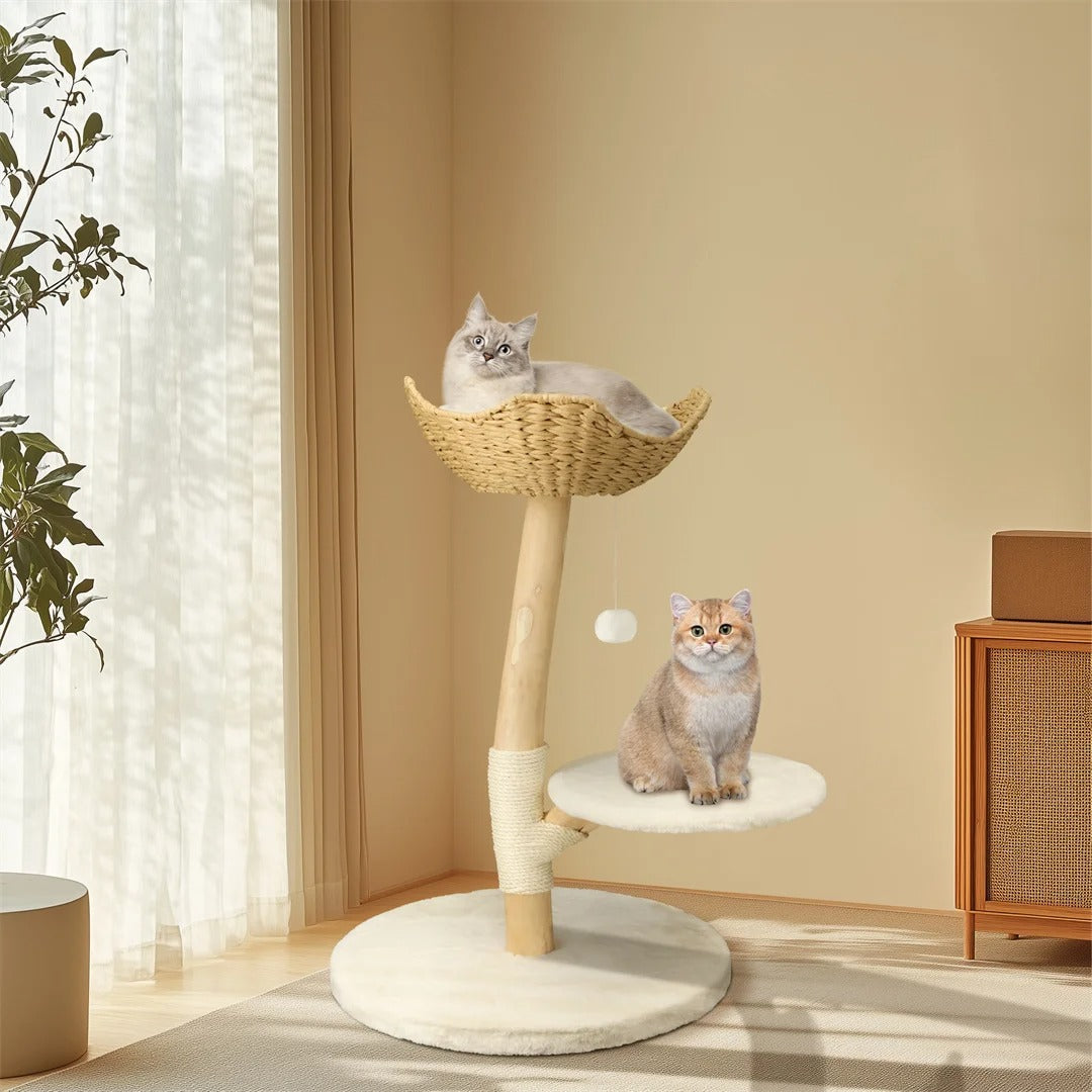 91cm Modern Solid Wood Cat Tree with Sisal Scratching Post, Cozy Beds and Toy Ball.