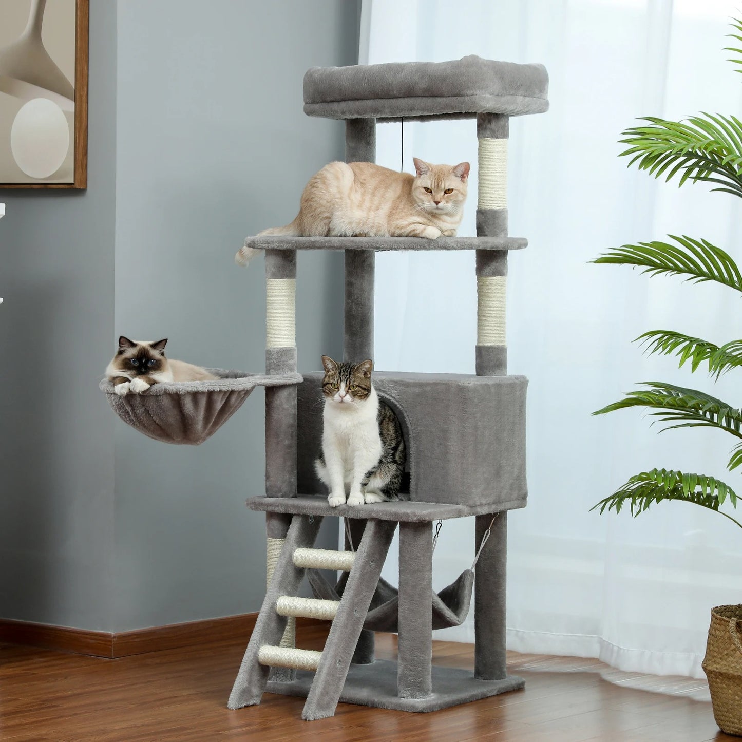 138cm Multi-Level Wooden Cat Tree with Condo and Scratching Posts