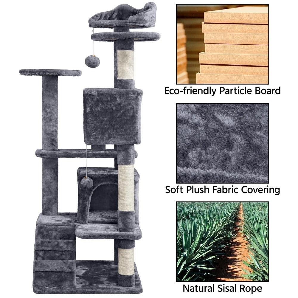 137cm Cat Tree Tower with 2 Condos, 3 Scratching Posts & 2 Dangling Balls – Large Easy-to-Clean Cat House for Kittens & Cats
