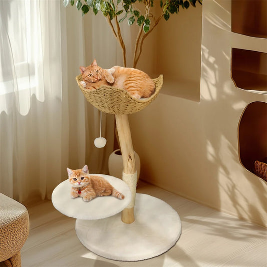 91cm Modern Solid Wood Cat Tree with Sisal Scratching Post, Cozy Beds and Toy Ball.