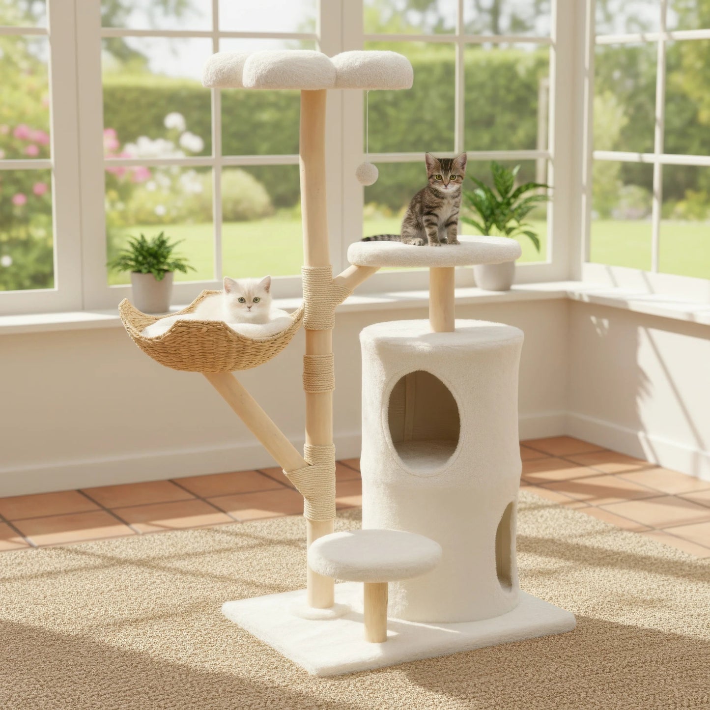 142cm Large Solid Natural Wood Cat Tree with Condo and Scratching Post